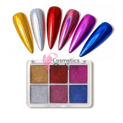 Pigment Metalic Mirror Effect pentru Gel UV sau Acril,  NADP002HH - 6 culori  + 3 aplicatoare